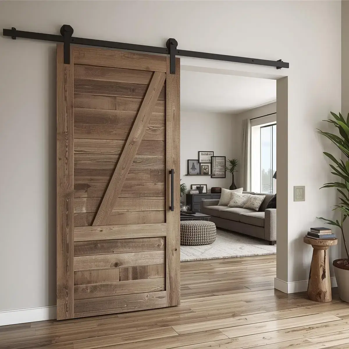 Rustic barn-style sliding interior door in natural wood.