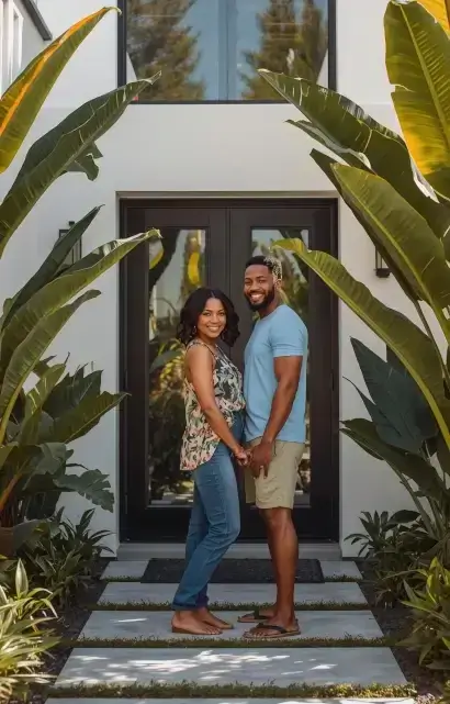 Couple standing in front of stylish hurricane impact resistant front-door