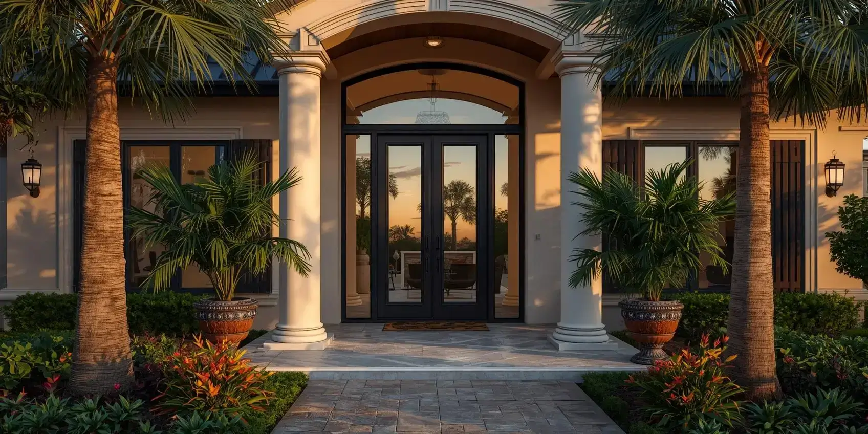 Luxury front entry door on a South Florida home with glass panels and strong frame.