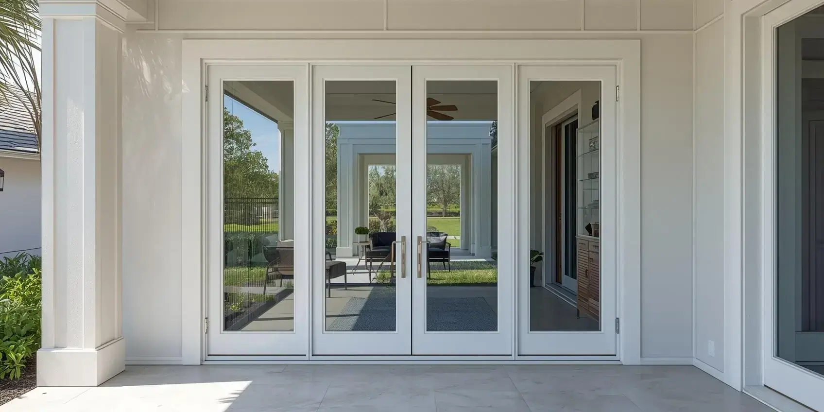 Exterior view of two French impact doors opening to a South Florida patio.