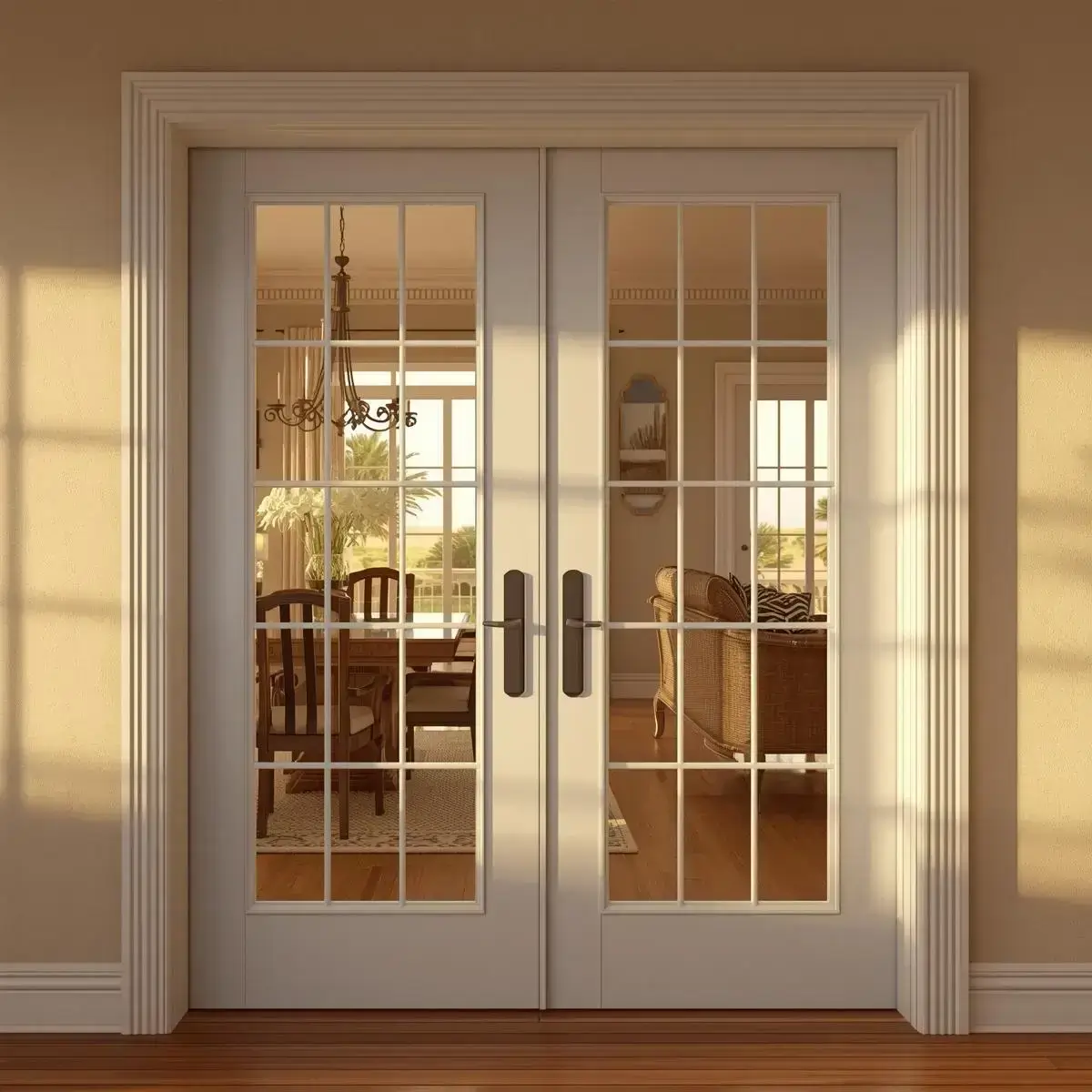 French interior doors with glass panes in a modern dining room.