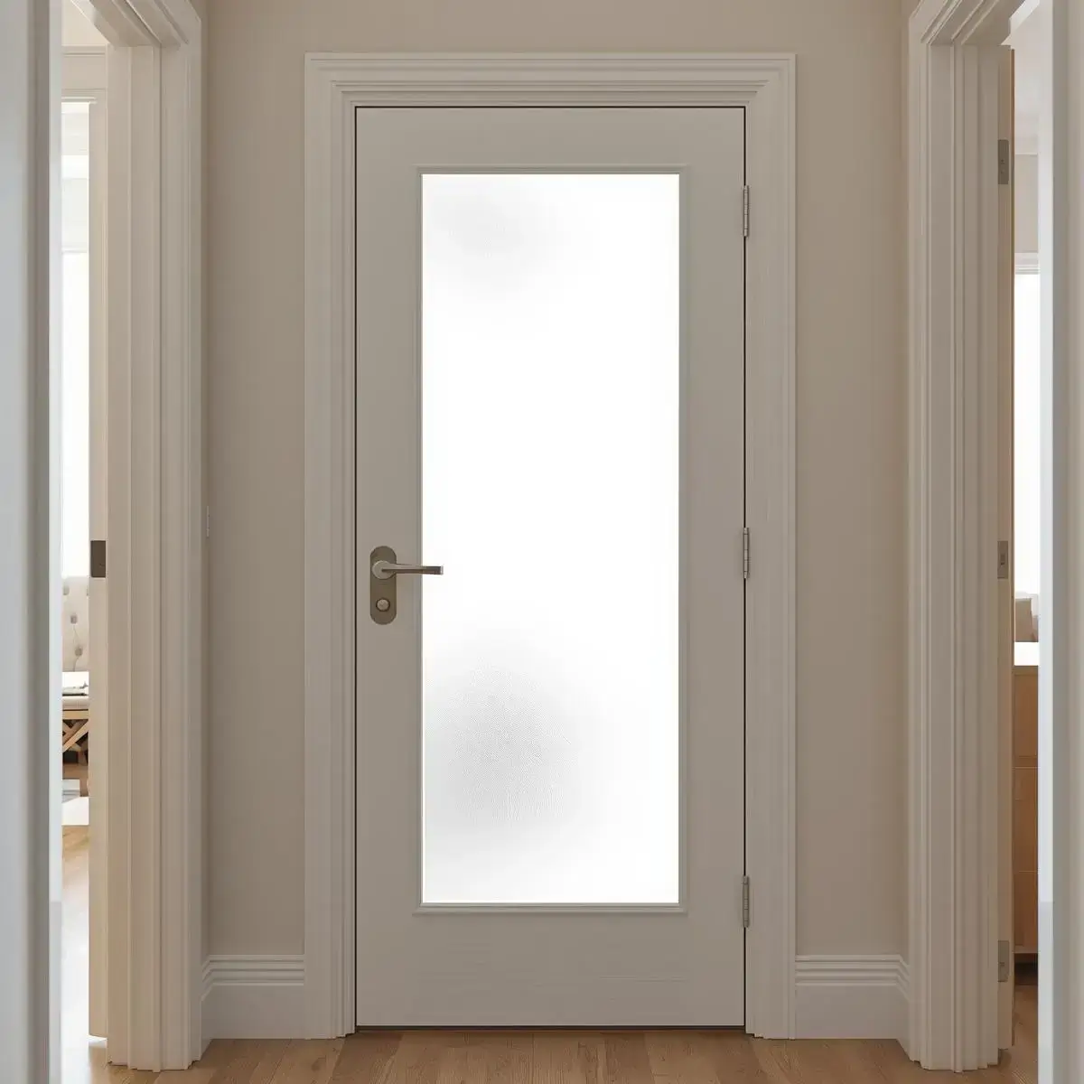 Interior door with frosted glass insert for privacy.
