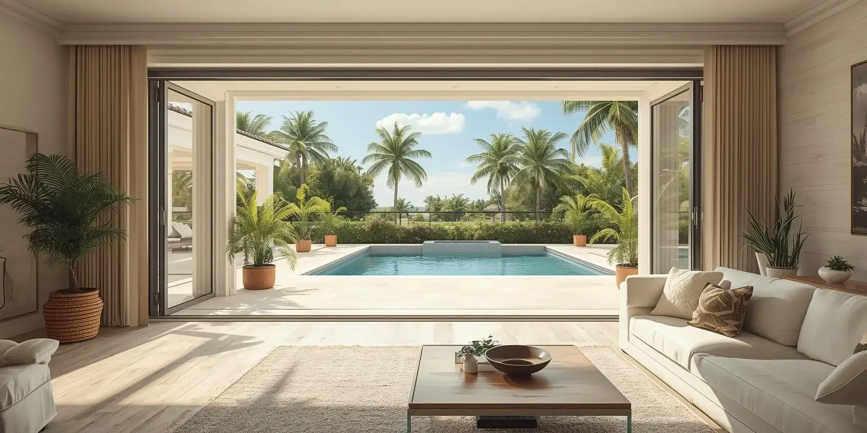A bright South Florida living room with bifold patio doors fully open to a sunlit patio and pool.