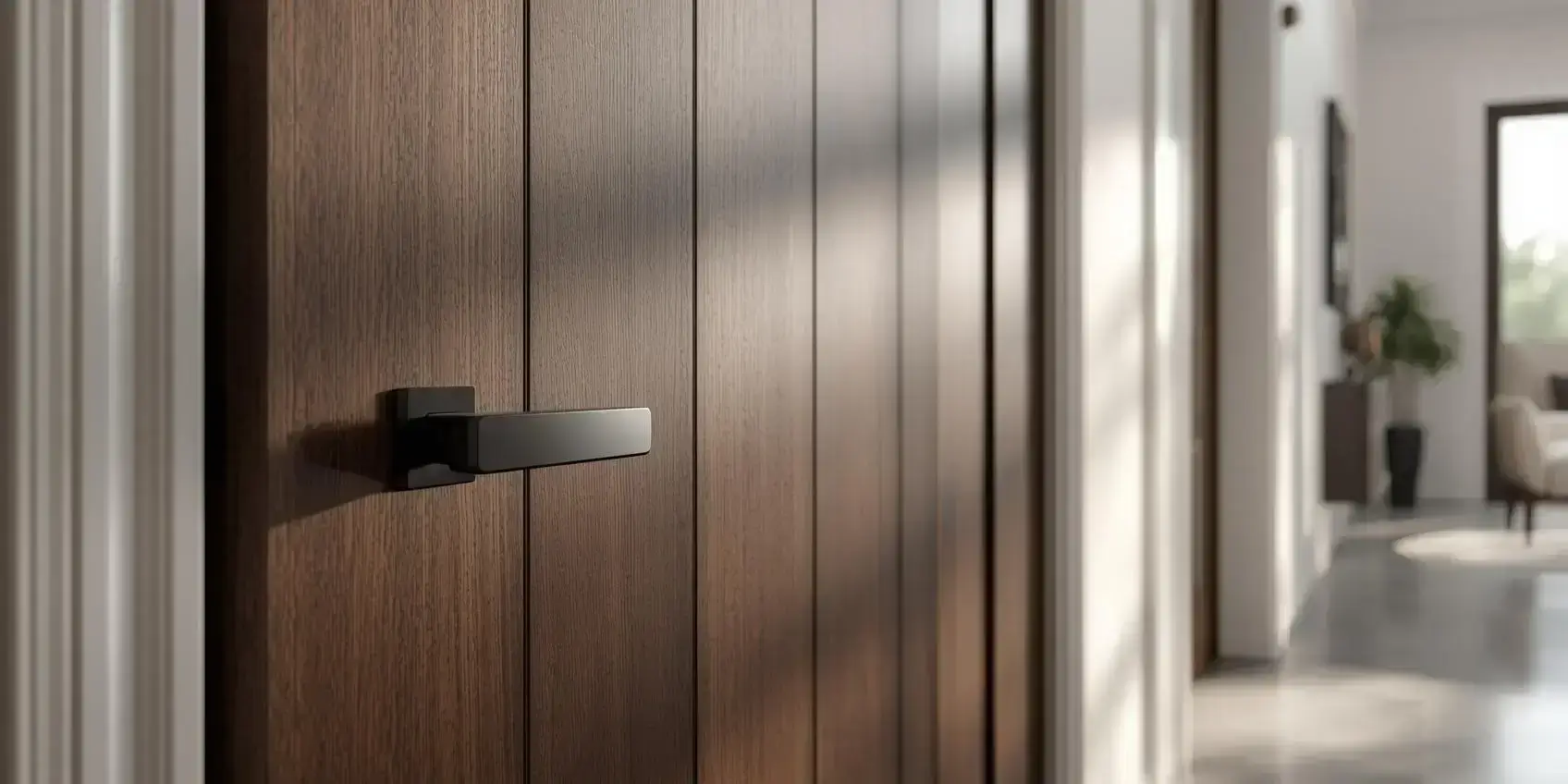 Luxury interior door with modern flush design in dark wood finish.
