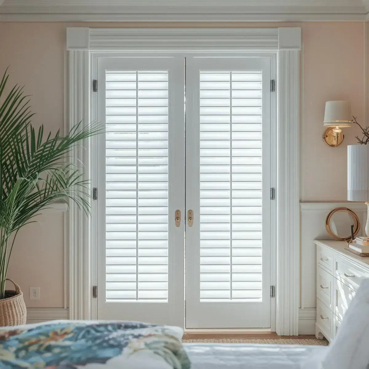 Plantation louver interior doors in a tropical-style bedroom.