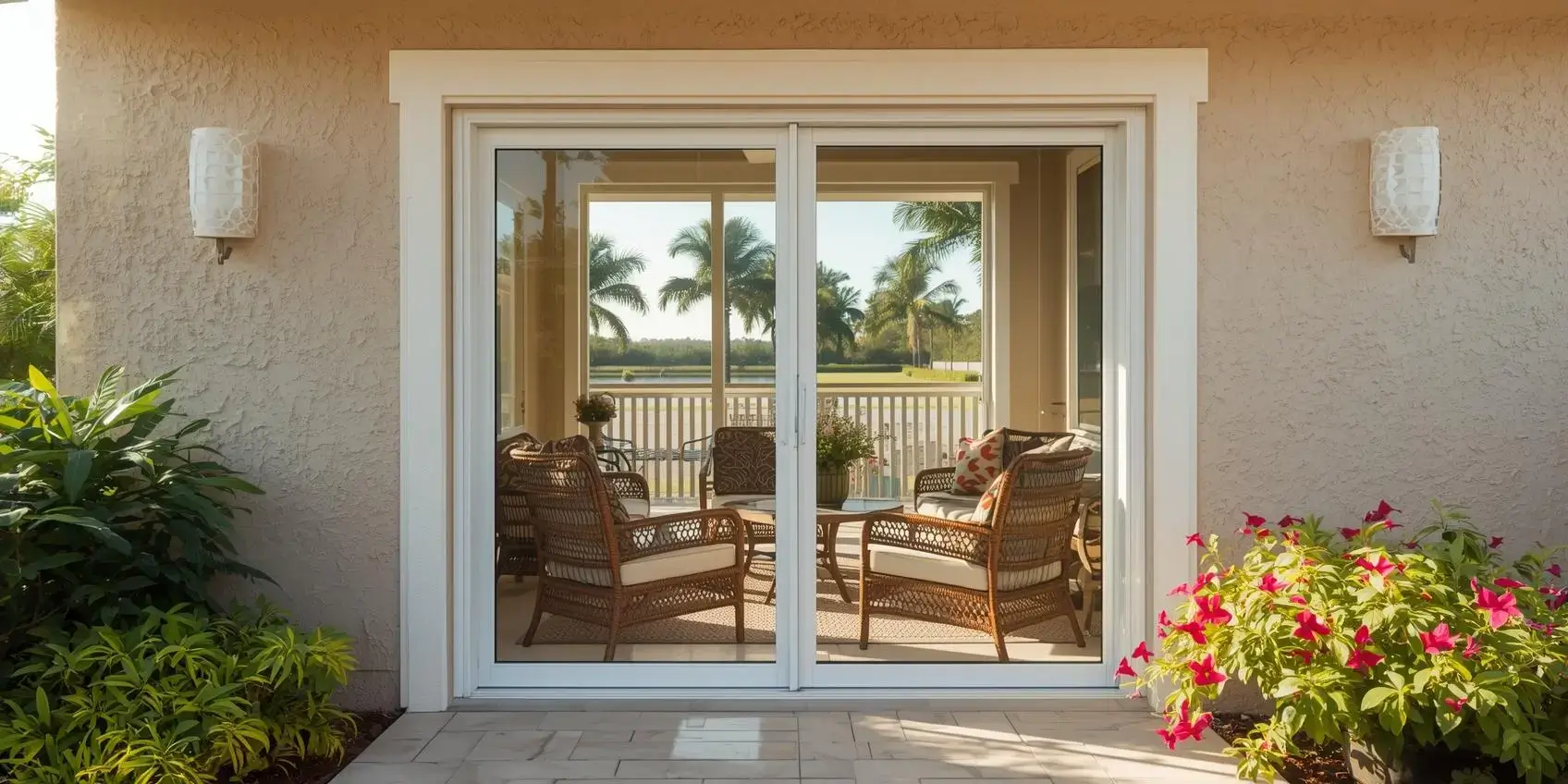 2-panel Sliding Glass Door leading to a tropical South Florida patio.