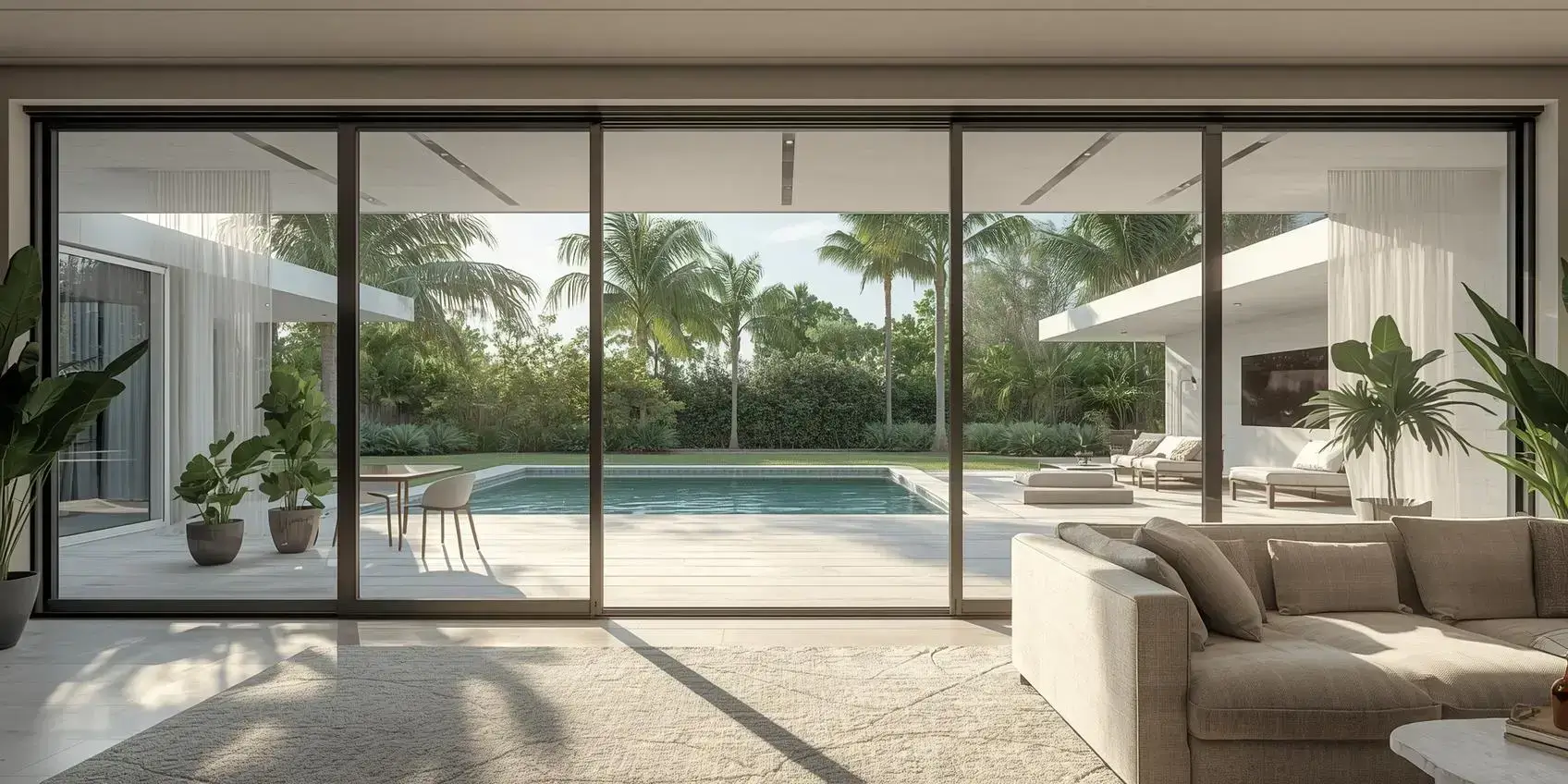 Sliding glass impact doors opening to a patio in a modern South Florida home.