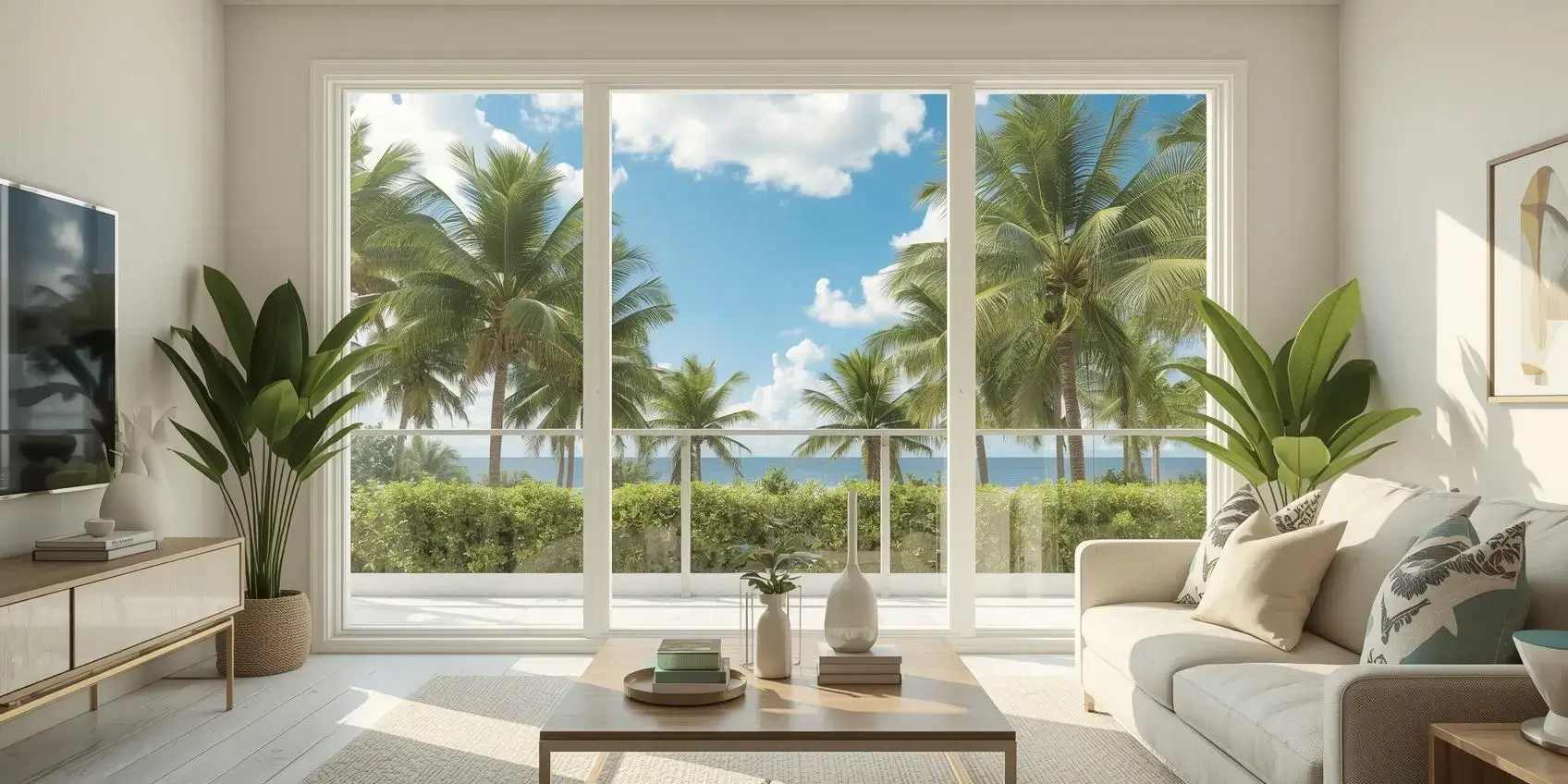 Furnished South Florida living room with a large picture impact window, palm trees visible outside.
